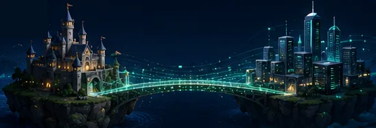 A bridge from a fantasy castle to a modern city