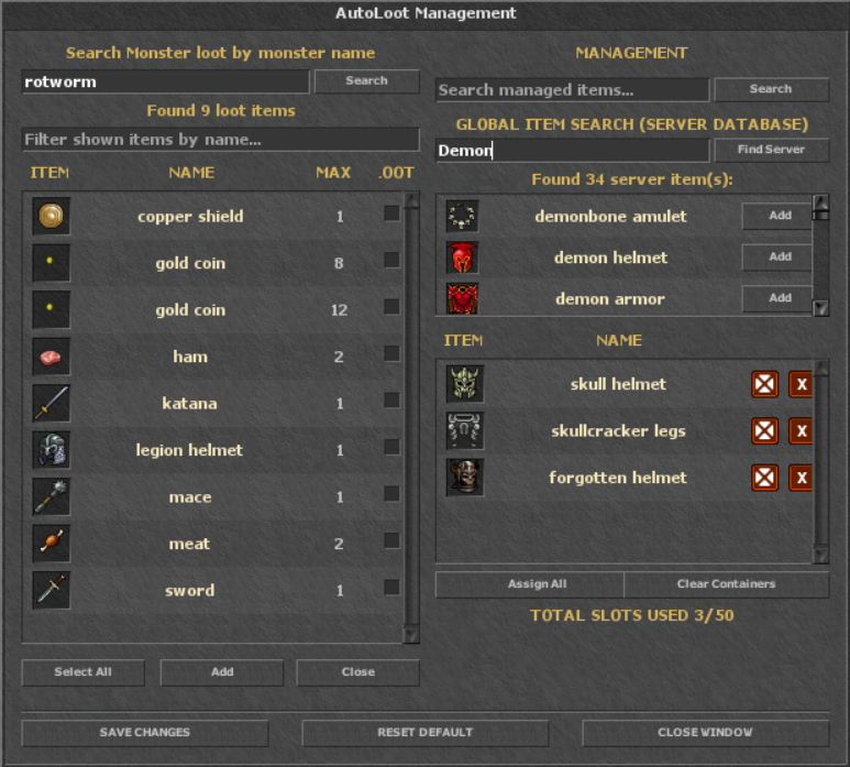 AutoLoot management window