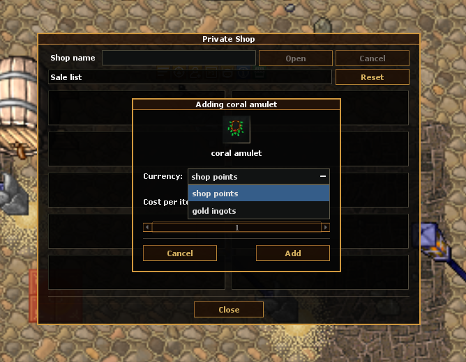 Adding an item to a private shop with currency choice