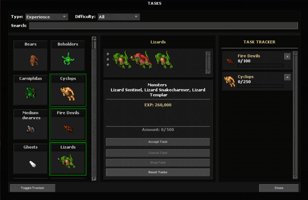 Task System with gold and task points rewards